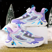 Girls Fleece-Lined Athletic Sneakers Stripes Mid-Top Casual Running Shoes