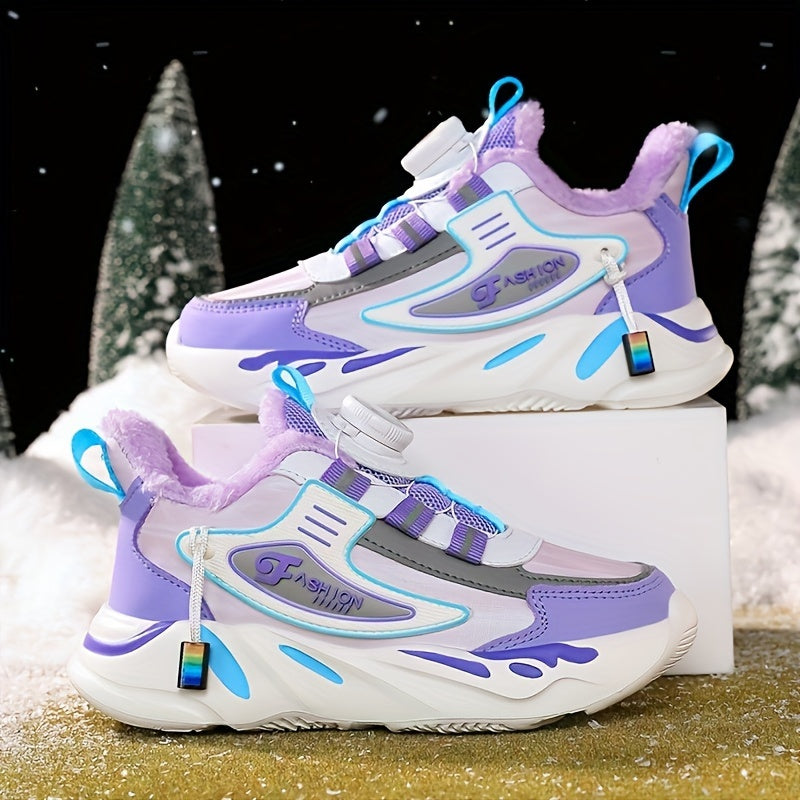 Girls Fleece-Lined Athletic Sneakers Stripes Mid-Top Casual Running Shoes