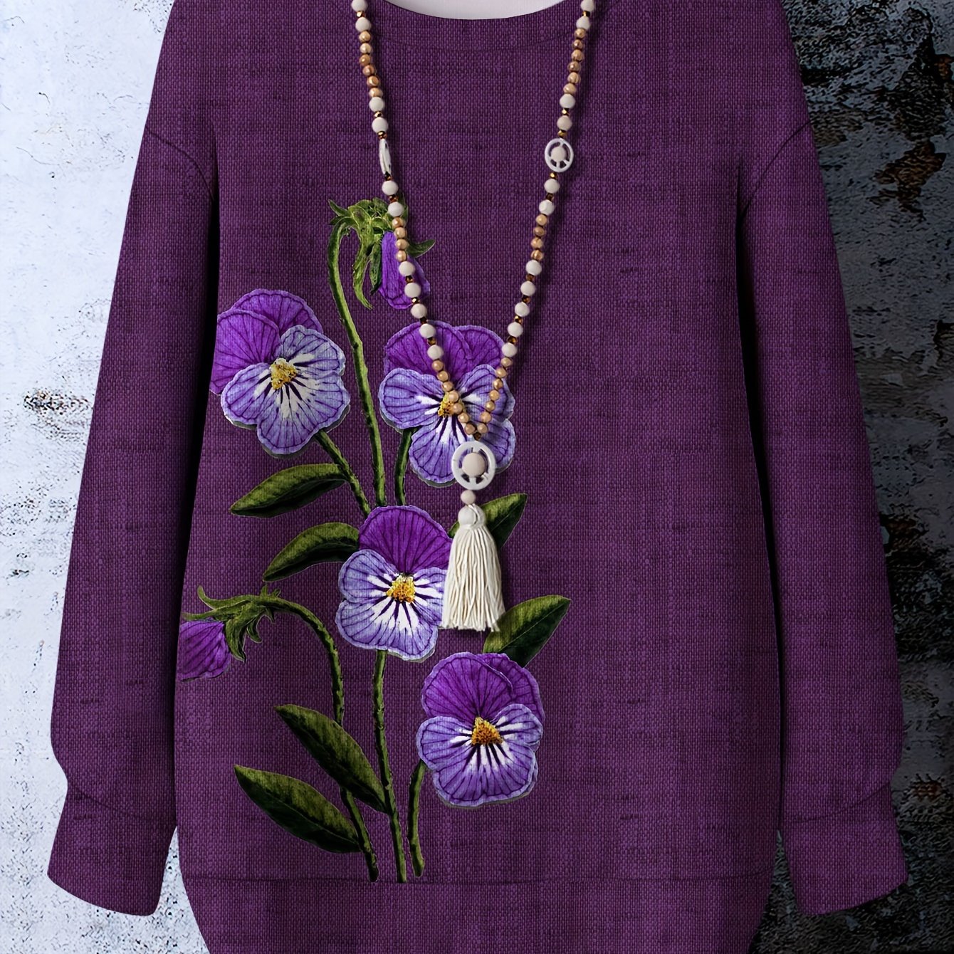 Plus Size Women's Casual Crewneck Sweatshirt With Floral Print Purple Green Botanical