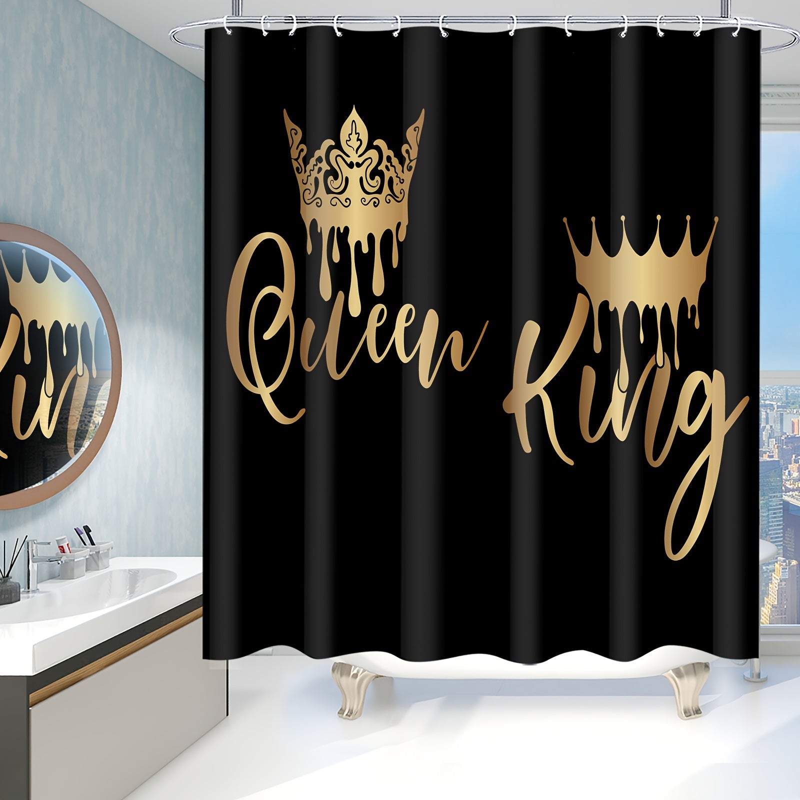 King and Queen Polyester Waterproof Shower Curtain Set with 12 Hooks Non-slip Mat and Floor Mat