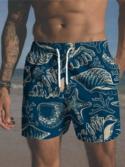 Plus Size Men's Tropical Print Beach Shorts with Elastic Drawstring Waist and Pockets