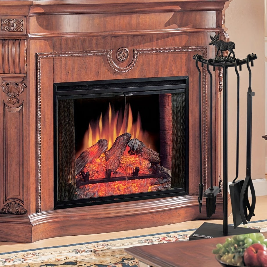 5-Piece Fireplace Tool Set with Brush Poker Shovel and Firewood Rack Indoor Outdoor
