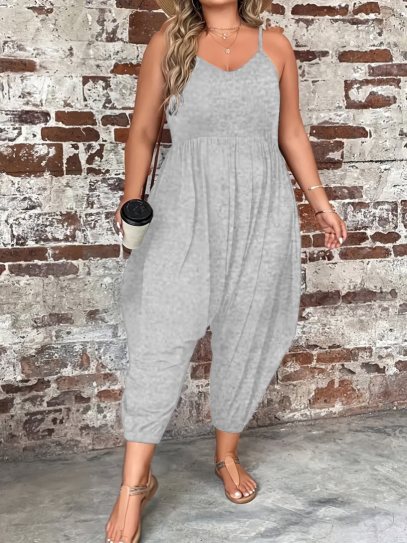Plus Size Women's Sleeveless Romper Solid Color Loose-Fit Casual Clothing