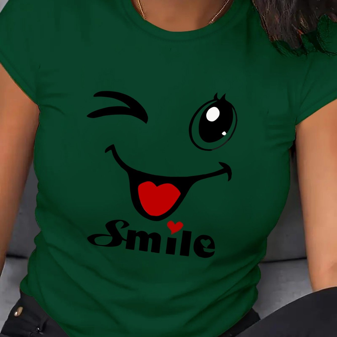 Plus Size Women's Cartoon Face T-Shirt Breathable Short Sleeve Crew Neck