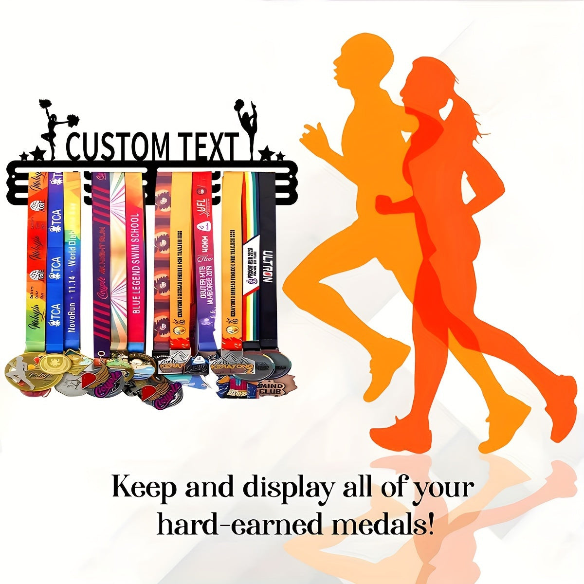 Black Art Deco Style Wall Mount Medal Display Rack with Hooks for Home and Outdoor Decor