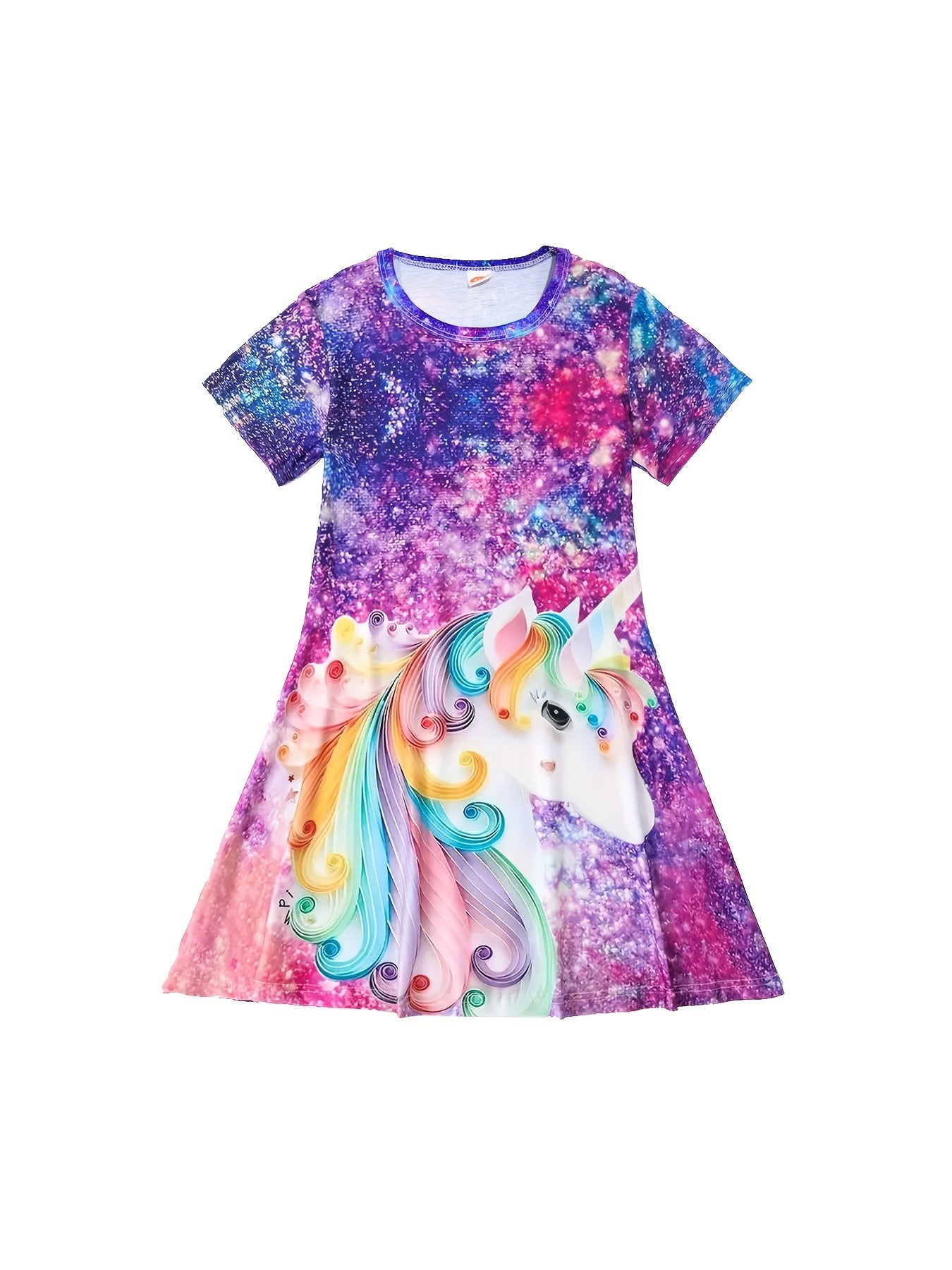 Girls' Unicorn Dress with Digital Print, Short Sleeves, Midi Length