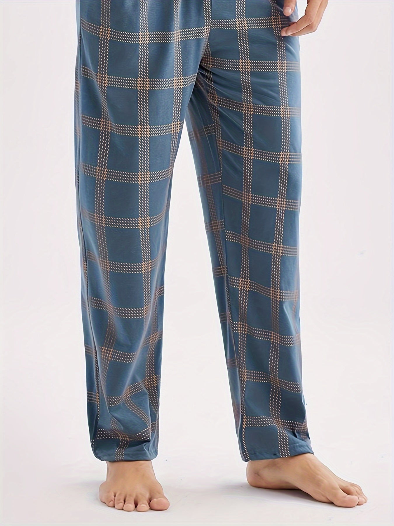 Men's Casual Blue Short Sleeve Top and Plaid Long Pants Loungewear Set Polyester