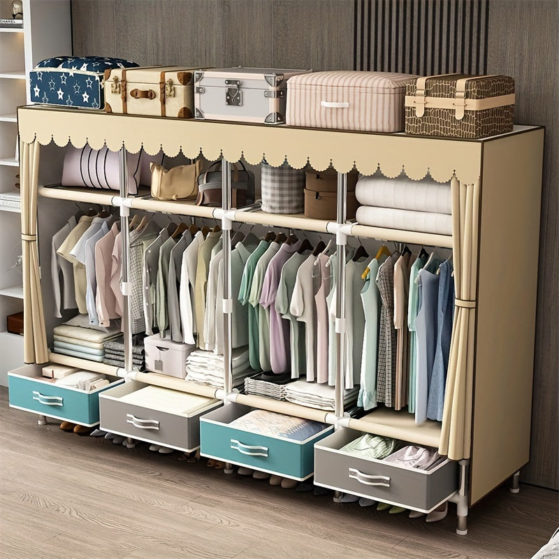 4 ta tortma va 4 ta osma kiyim ustuni bilan qulay kiyim saqlash uchun mustahkam po'lat quvurli shkaf. Silliq po'lat ramkali, mustahkam rangli mato shkafi va tortmalar va shkafni oddiy yig'ish. Oson ko'chiriladigan shkaf variant.