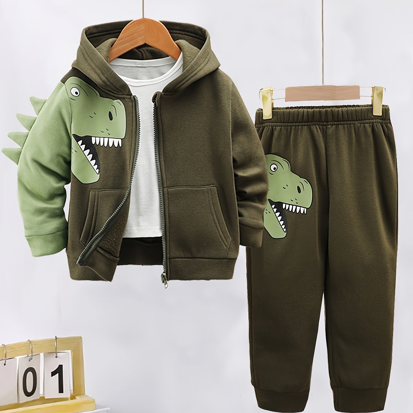 Toddler Boy Fleece-Lined Dinosaur Hoodie and Pants Set Fall Winter Cozy Machine Washable