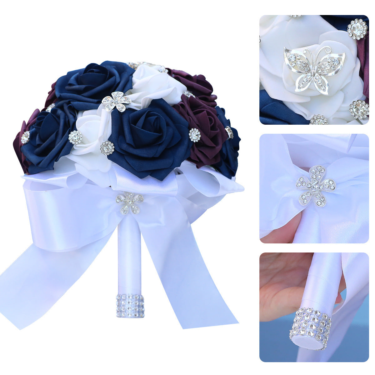 Handcrafted Bridal Bouquet Satin Flowers Rhinestones Pearls for Weddings and Events