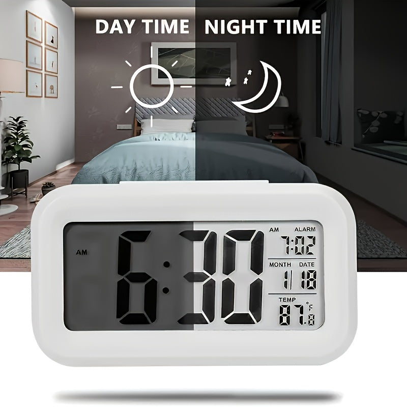 Digital Alarm Clock with LCD Display Indoor Temperature Date Light Sensor Night Light Battery Operated for Bedroom and Home Use