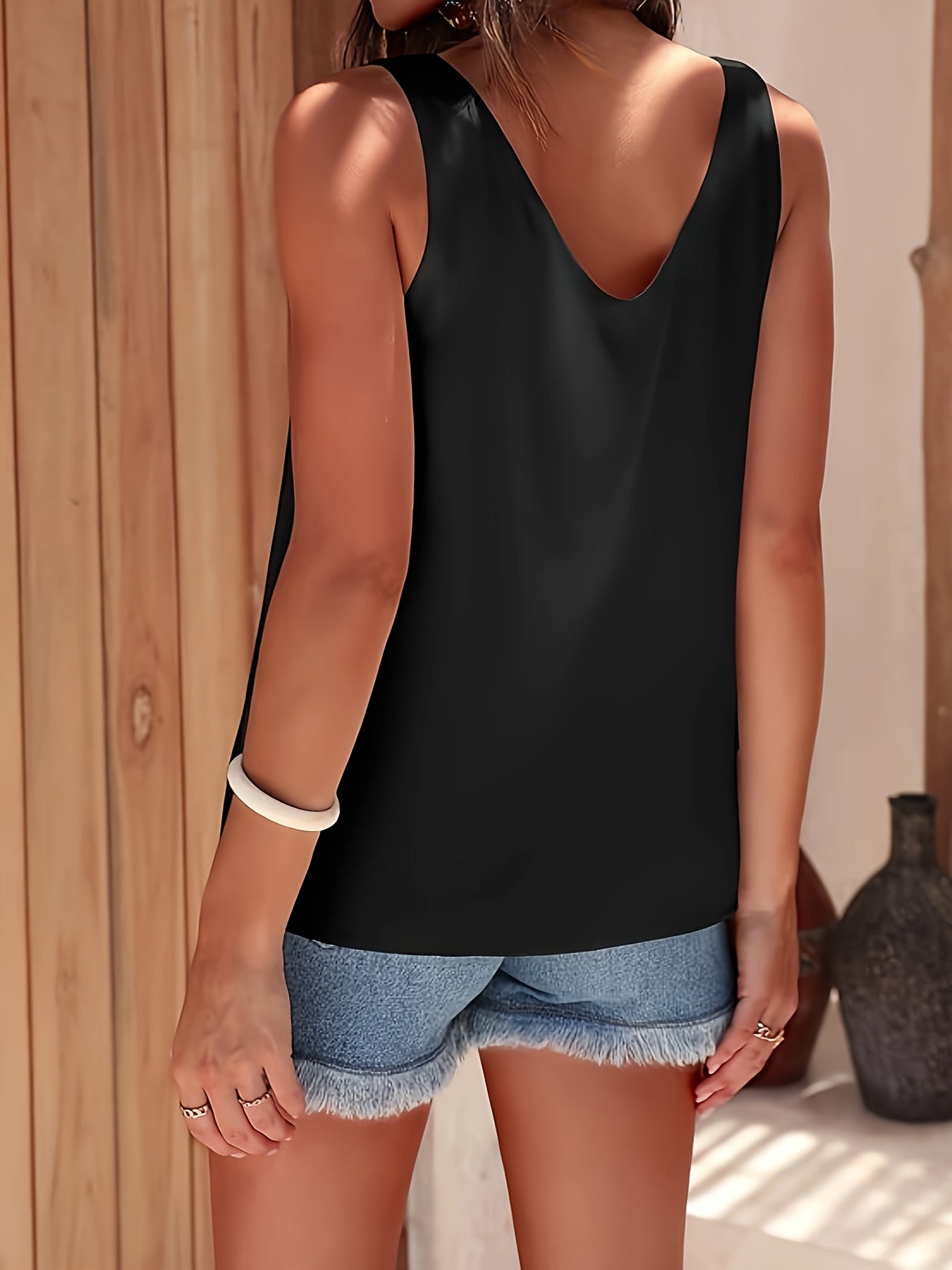 Plus Size Satin Tank Top for Women V-Neck Sleeveless Casual Black White