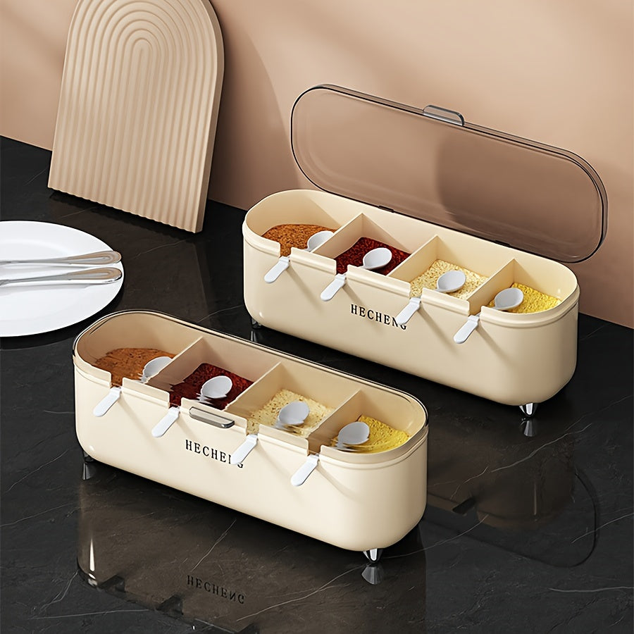 4-Compartment Seasoning Box with Lid and Spoon for Kitchen Storage