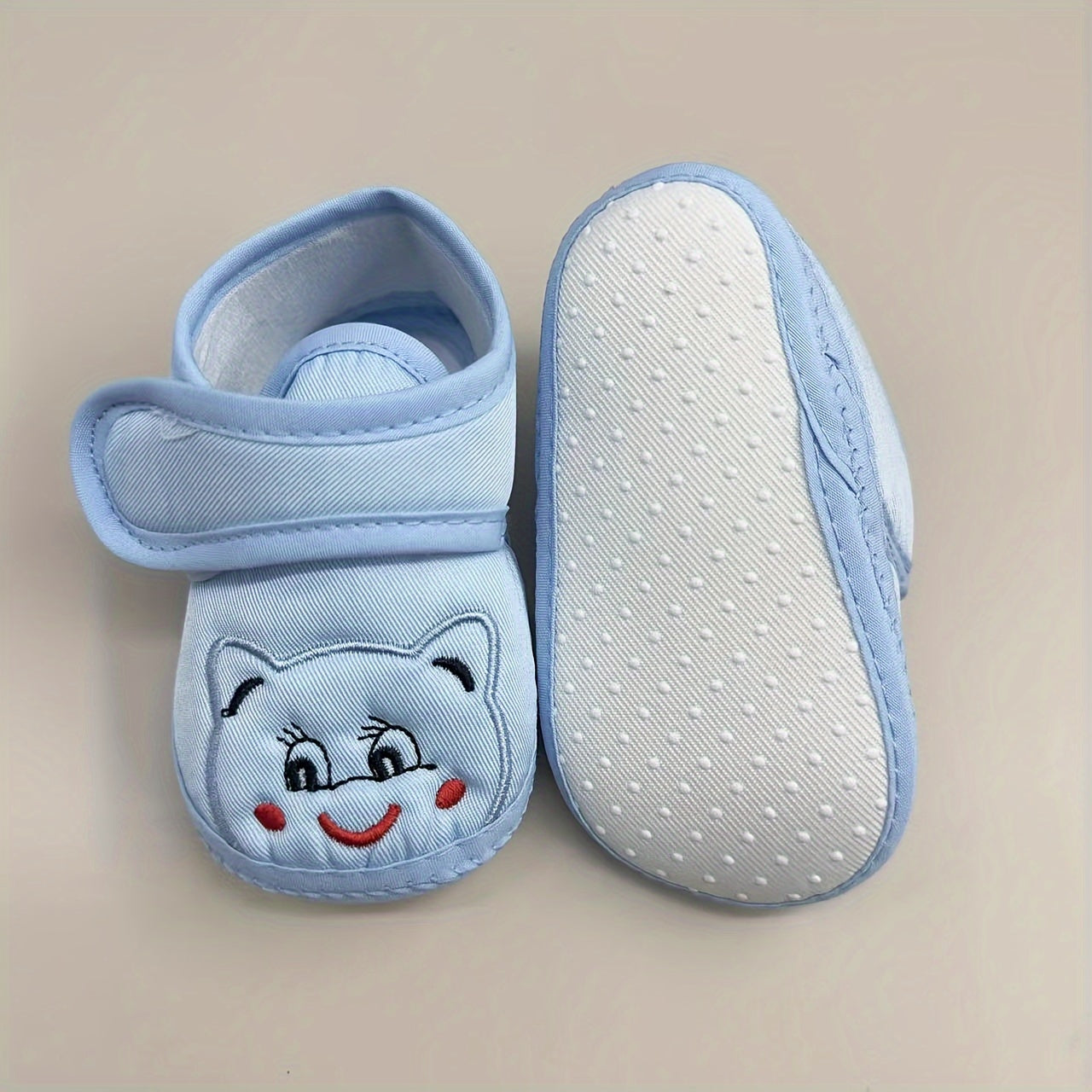 Baby Toddler Light Blue Cartoon Face Non-Slip Fabric Walking Shoes for First Steps