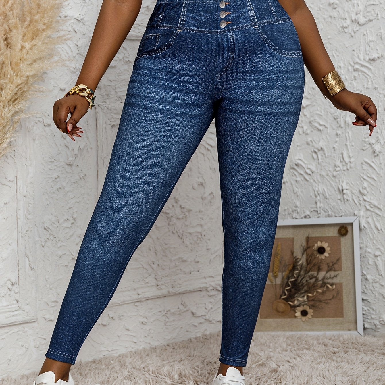 Leggings de talla grande para mujer con cintura alta y estampado digital, con falso bolsillo