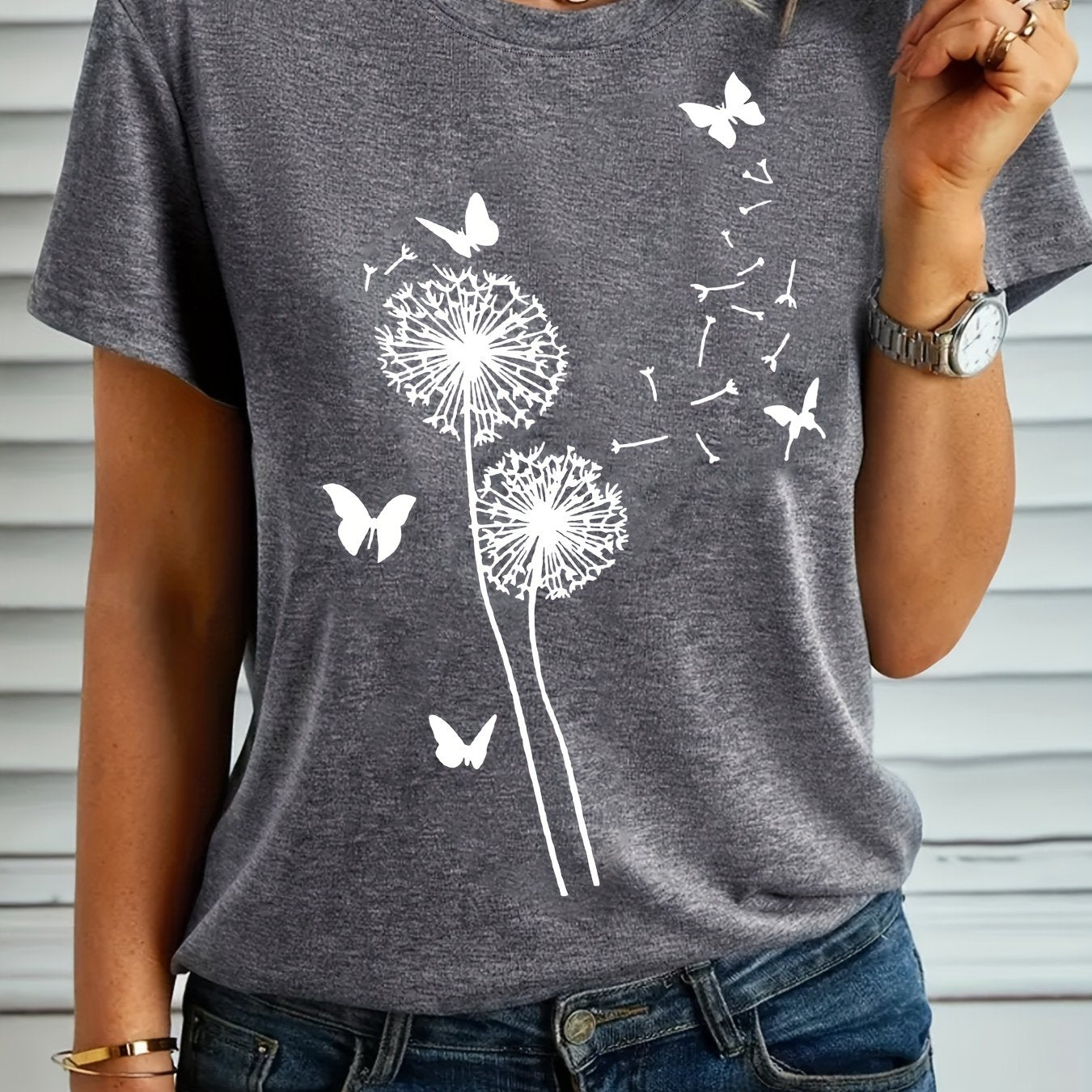 Plus Size Butterfly And Plant Print T-Shirt Casual Short Sleeve Top Summer Women