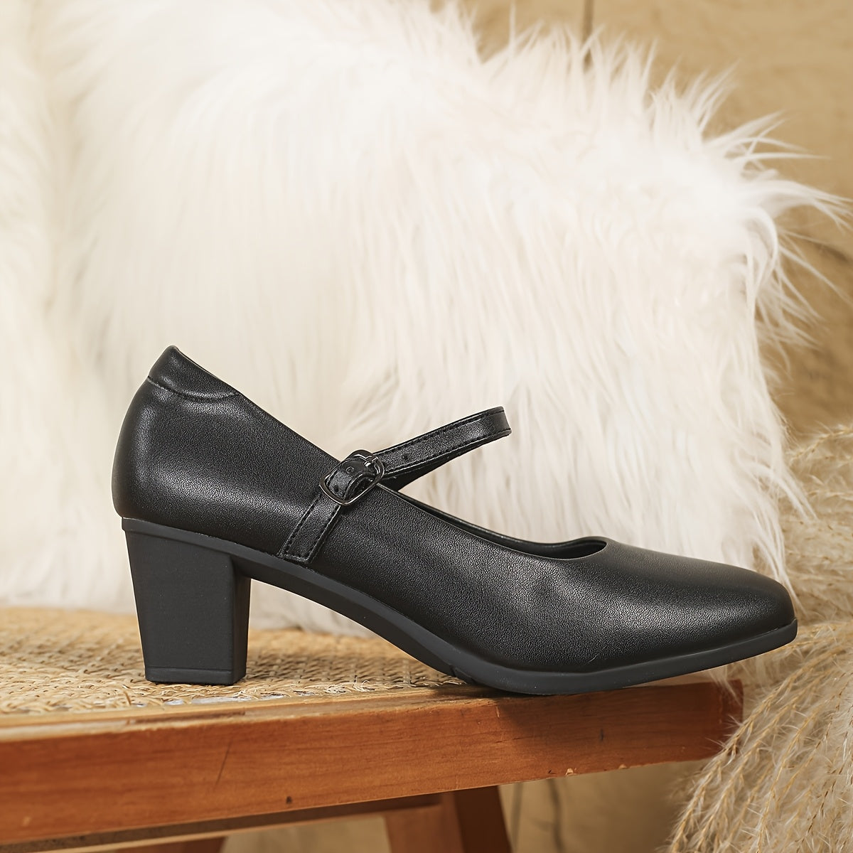 Women's Retro Mary Jane Pumps Black PU Mid-Chunky Heel Dress Shoes