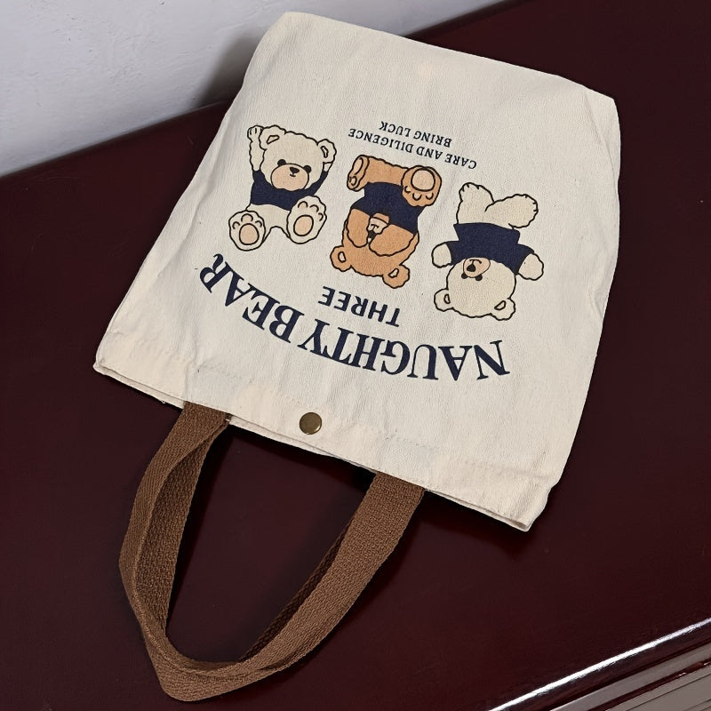 Uzoq muddatli Kvadrat Kanvas Ovqat Sumkasi, Uchta Yovuz Ayı Dizayni bilan Hayvon Mavzusi - Talabalar va Ofis Ishchilari uchun Mukammal Qo'l Yuviladigan Sumka.