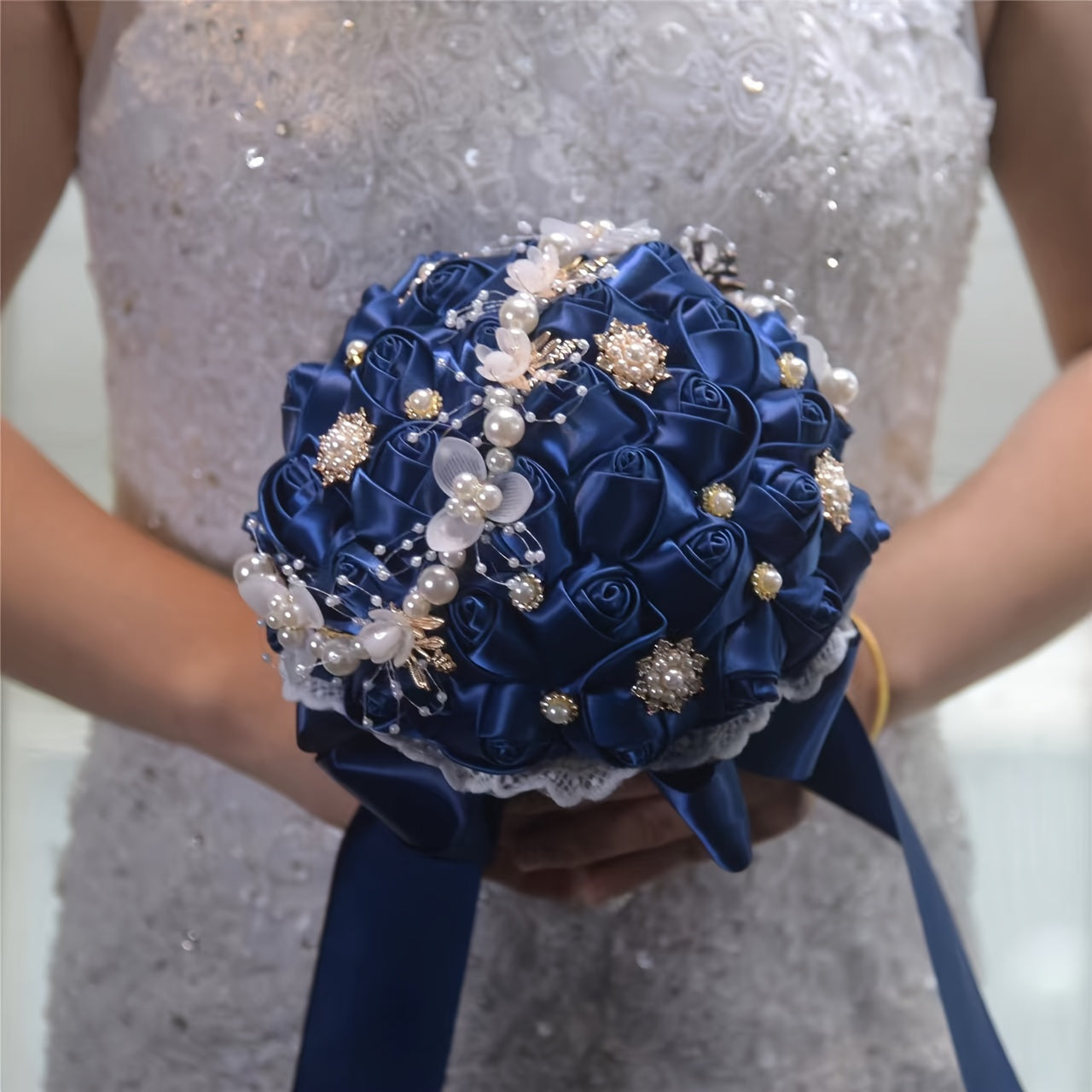 Satin Rose Wedding Bouquet Handcrafted Bridal Wrist Corsage Blue White for Bridesmaids and Events