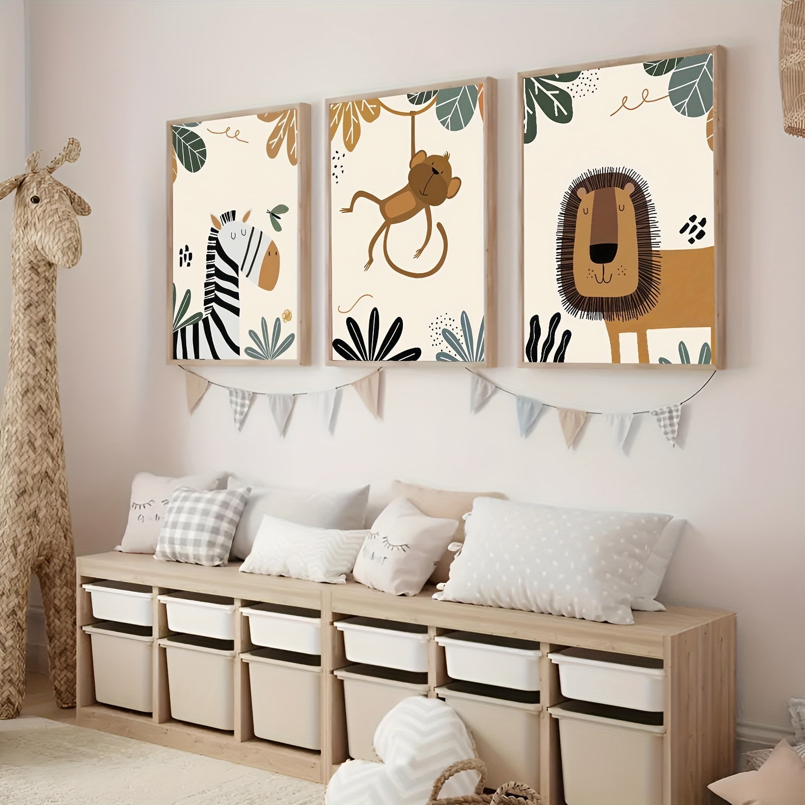 Bohemian Safari Animal Wall Art Prints Set Lion Monkey Zebra Canvas Posters for Nursery and Kids Room