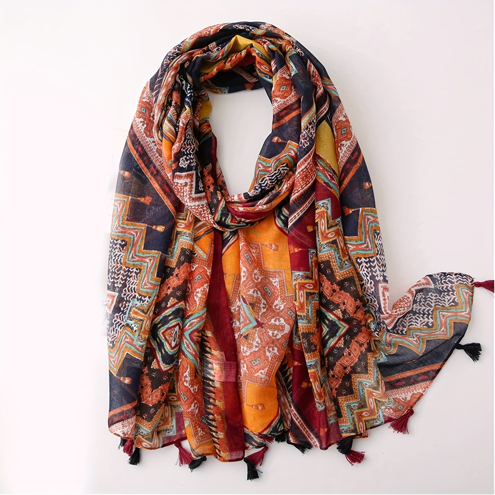 Women’s Boho Linen Tassel Shawl Pink Printed Lightweight Scarf Windproof Sun Protection
