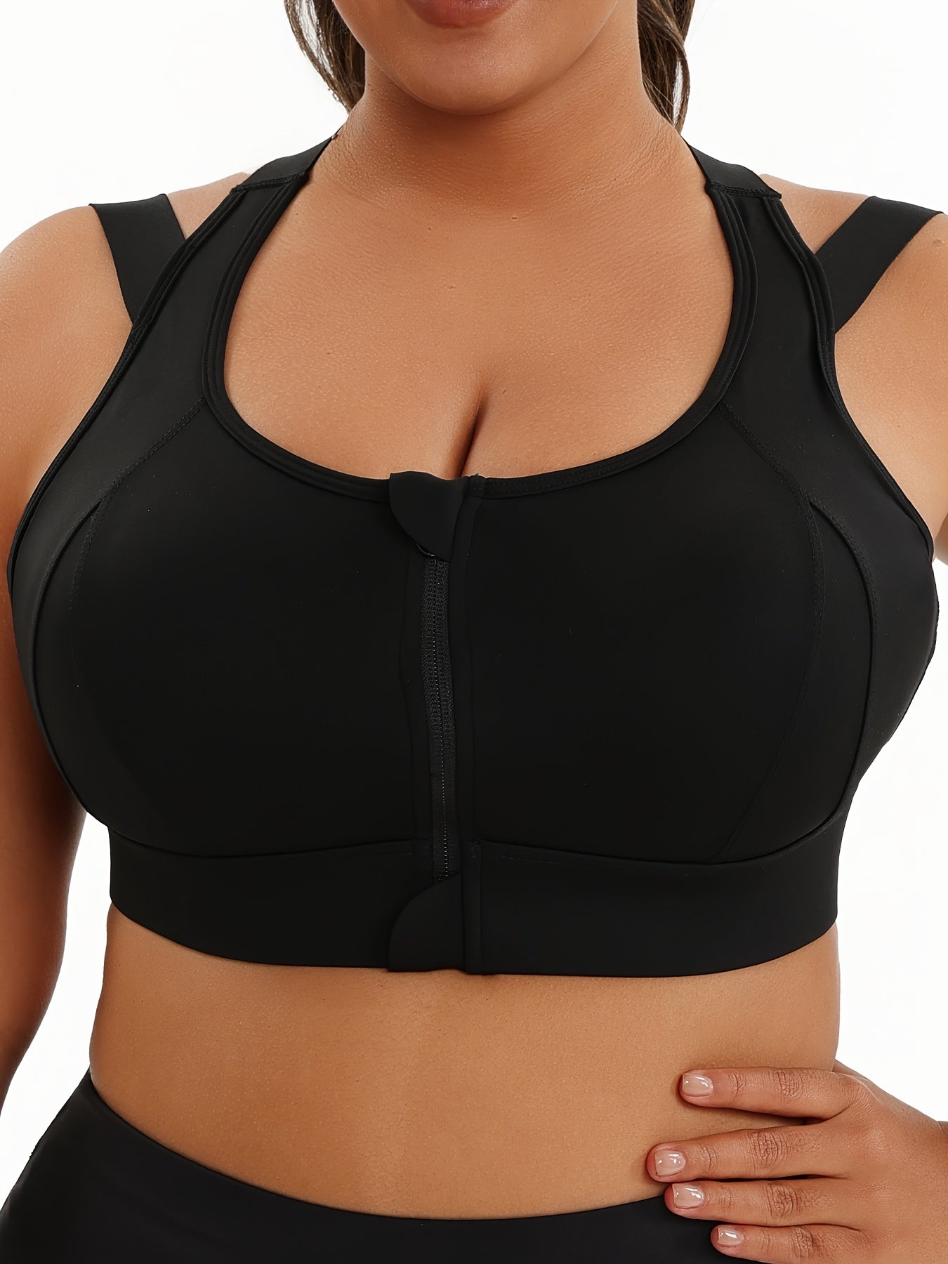 Women Plus Size Sports Bra with Cross Back Removable Pads and Front Zipper Black