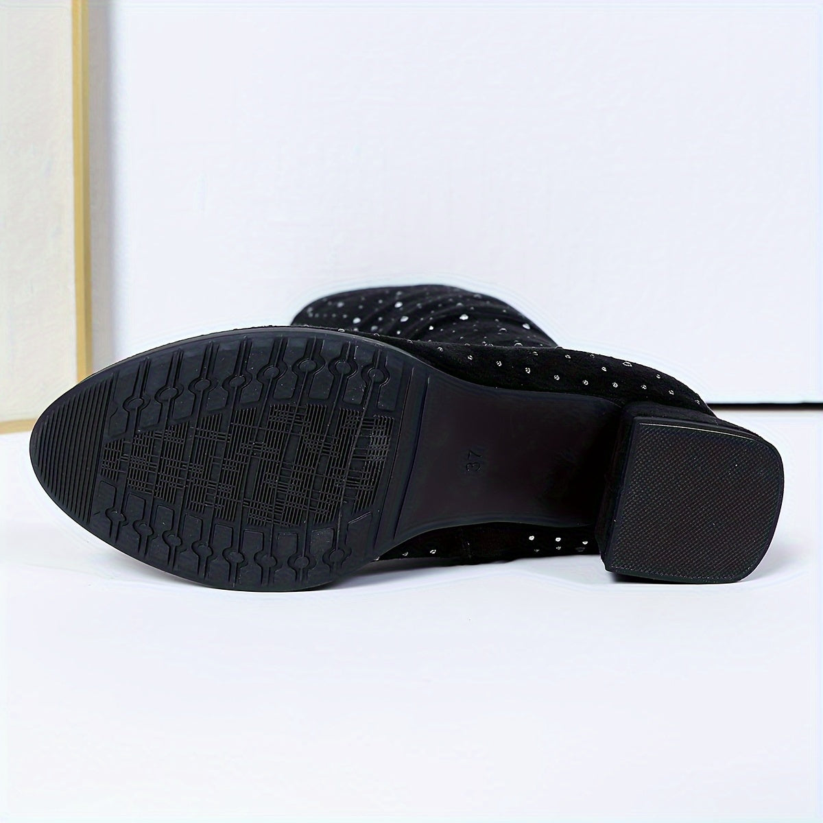 Women's Mid-Calf Rhinestone Boots with Zippered Low Block Heel Black