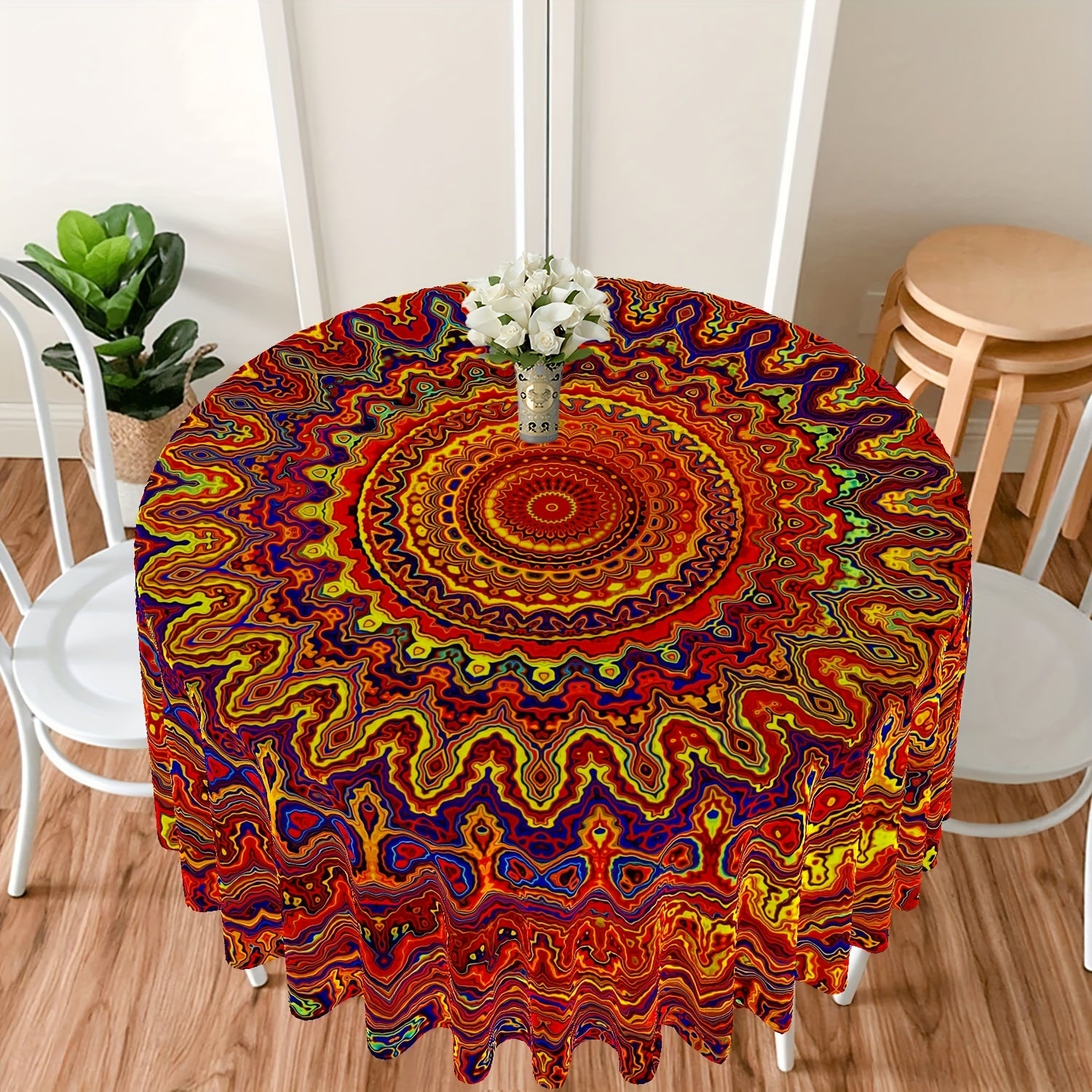 Round Polyester Tablecloth Bohemian Floral Waterproof for Dining and Decor