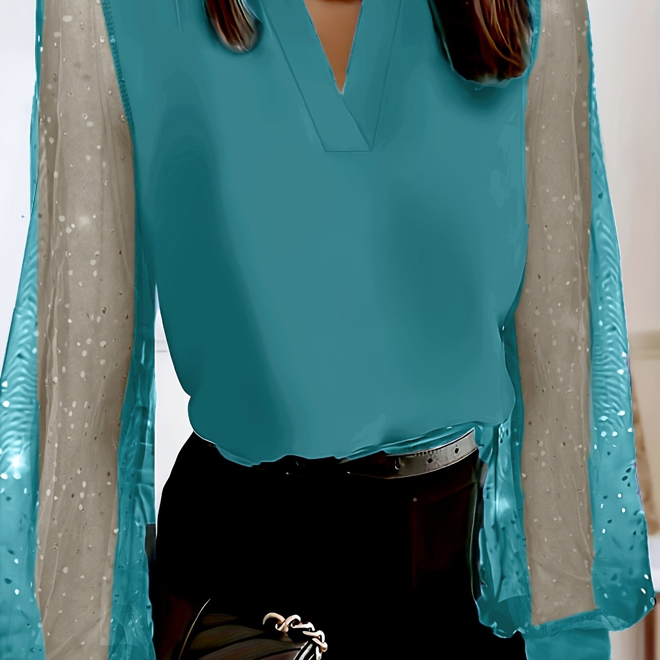 Women's V-Neck Blouse Long Sleeve Polyester Spandex Solid Color Casual Shirt
