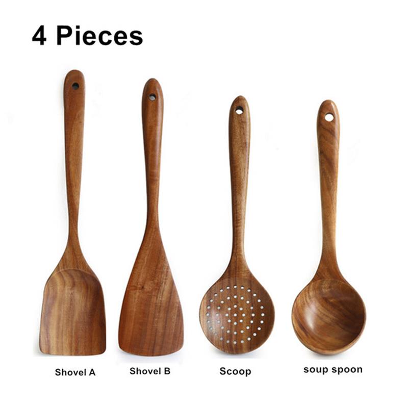 Set of 4/7 Natural Teak Wood Kitchen Utensils Including Spoons Ladles Turners Colanders and Scoops
