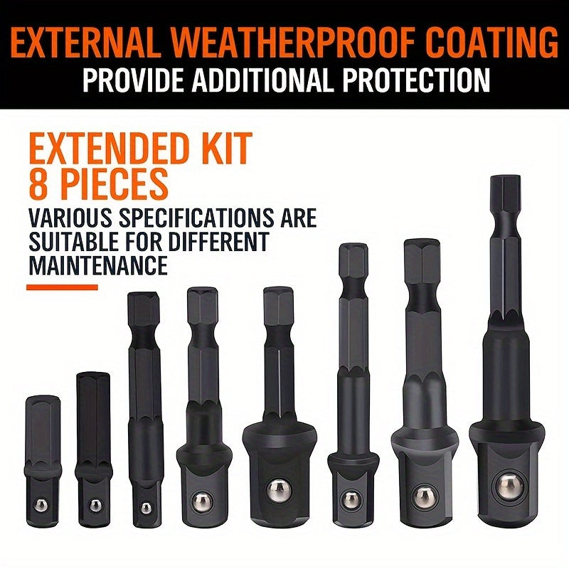 8-Piece Impact Grade Power Drill Socket Adapter Set Steel Hex Shank to 1/4 3/8 1/2 Drive