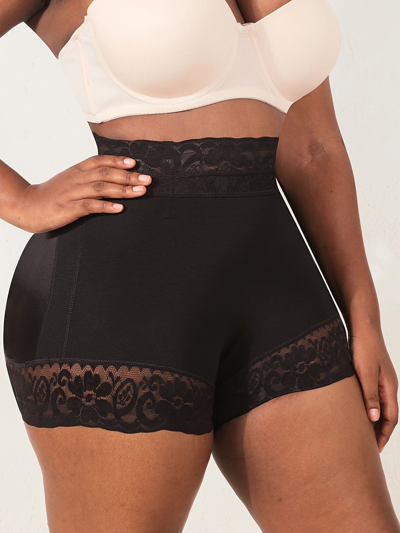 Plus Size High Waist Shapewear Shorts with Lace Trim Tummy Control Butt Lift
