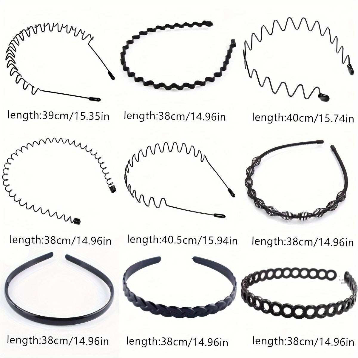 Set of 9 Black Metal Wave Hair Bands Unisex Sports and Daily Wear