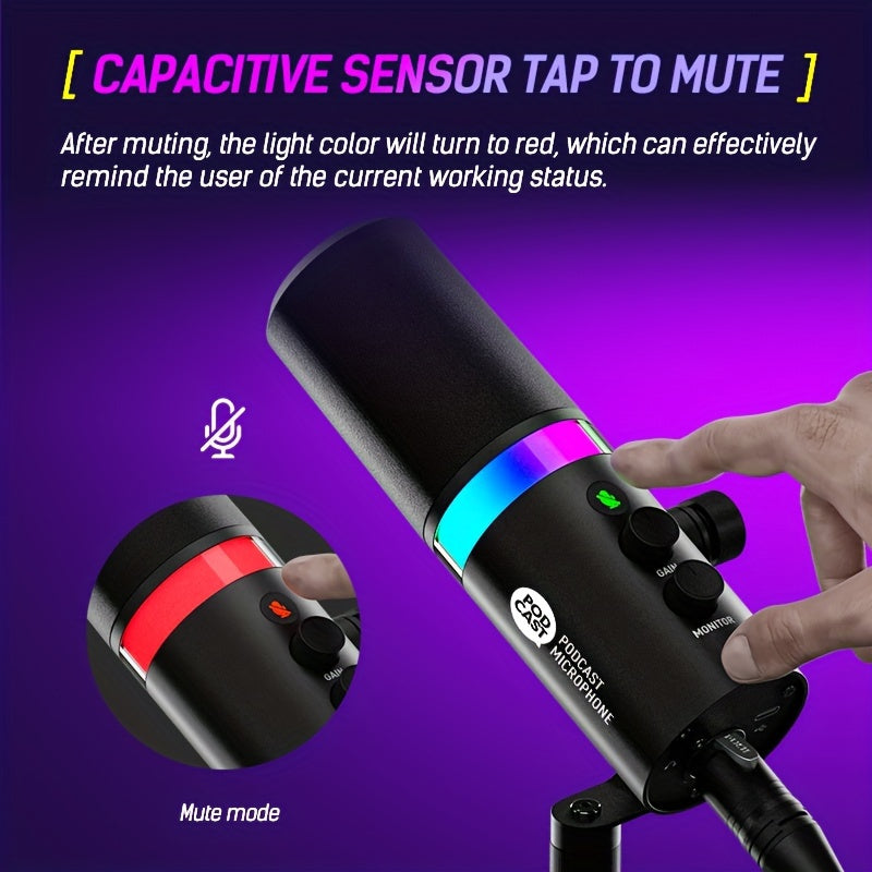 AMACEX SDM70 Dinamik Mikrofon XLR/USB, RGB, o'chirish funksiyasi va metall qurilishi bilan striming, o'yin, yozib olish va ovozli ishlov berish uchun.