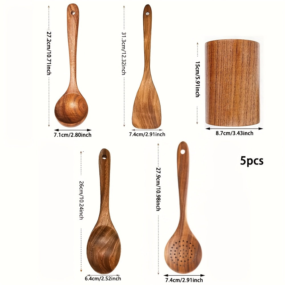 Set of 5 Wooden Kitchen Utensils with Holder, Premium Cooking Spoons and Tools