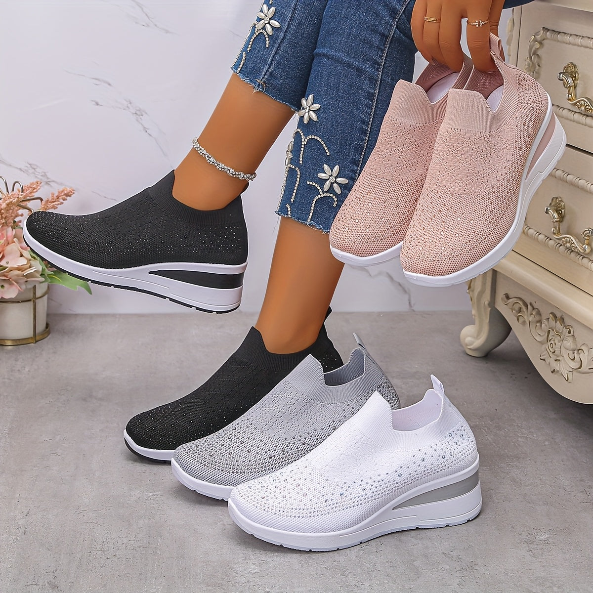 Women's Slip-On Sneakers Black with Platform Sole Cushioned Insole