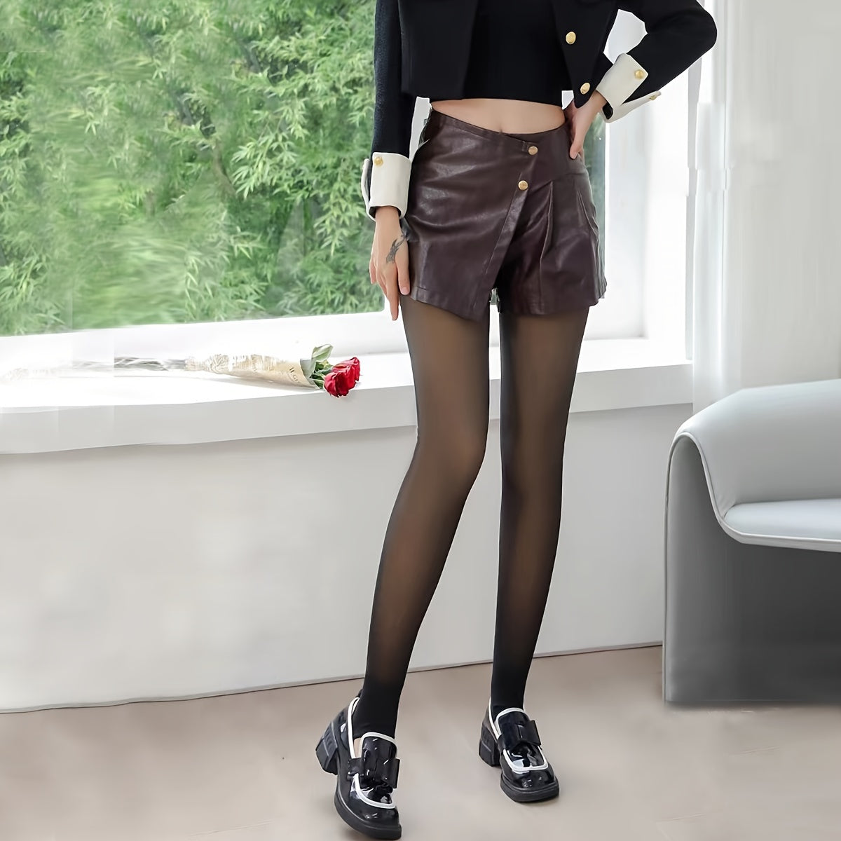 Medias negras transparentes con forro de felpa cálido para mujer, potenciador de piernas de nylon y spandex