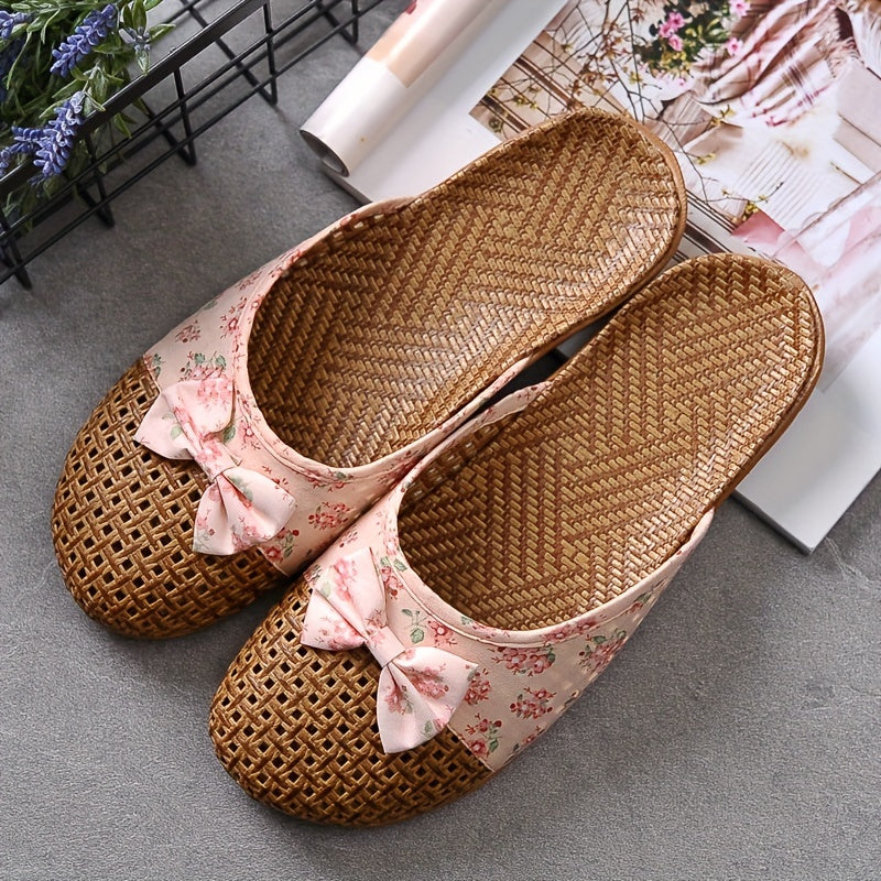 Women's Summer Straw Indoor Slippers Non-Slip Thick Sole Floor Linen