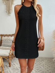 Women's Black Halter Neck Dress Polyester Elastane Semi-Sheer Textured Knit Eyelet Embroidery Sleeveless Elegant