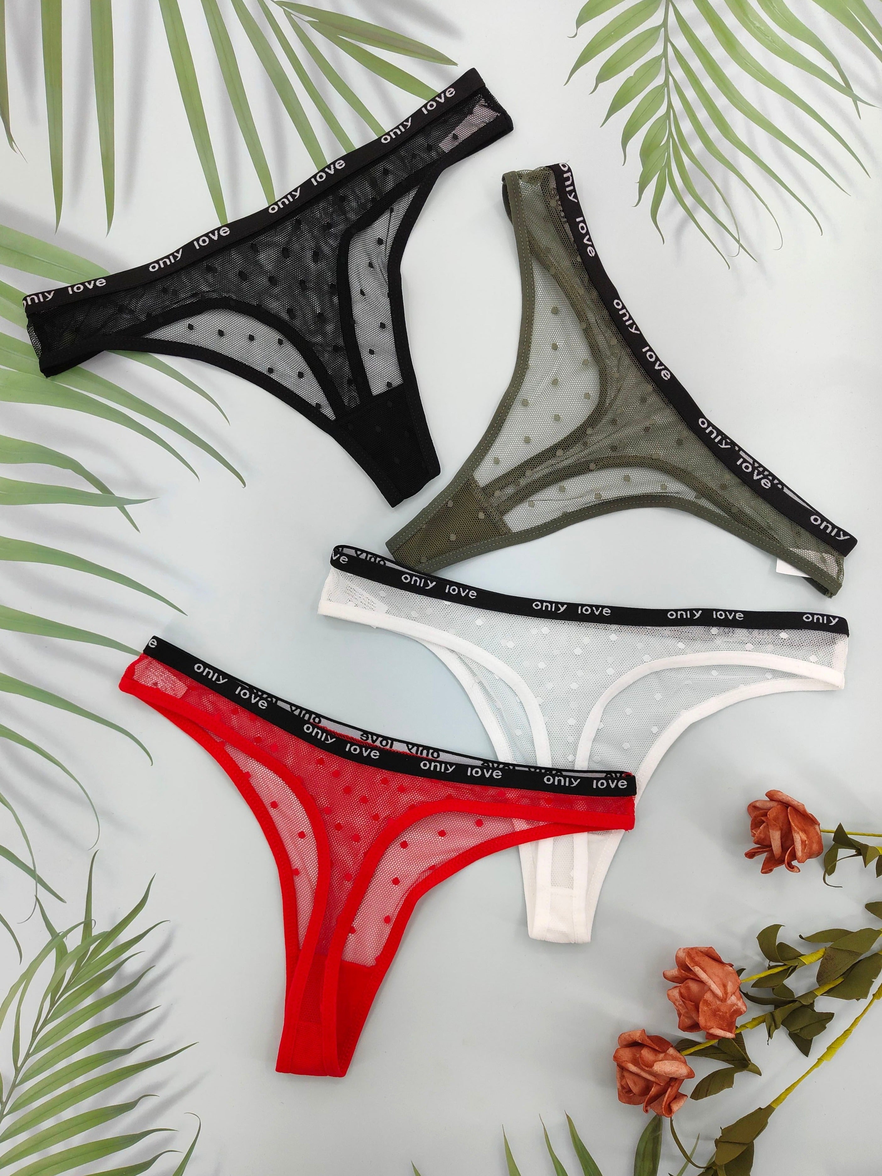 Set of 4 Women’s Mesh Polka Dot Thongs with Sheer "LOVE" Waistband Lingerie