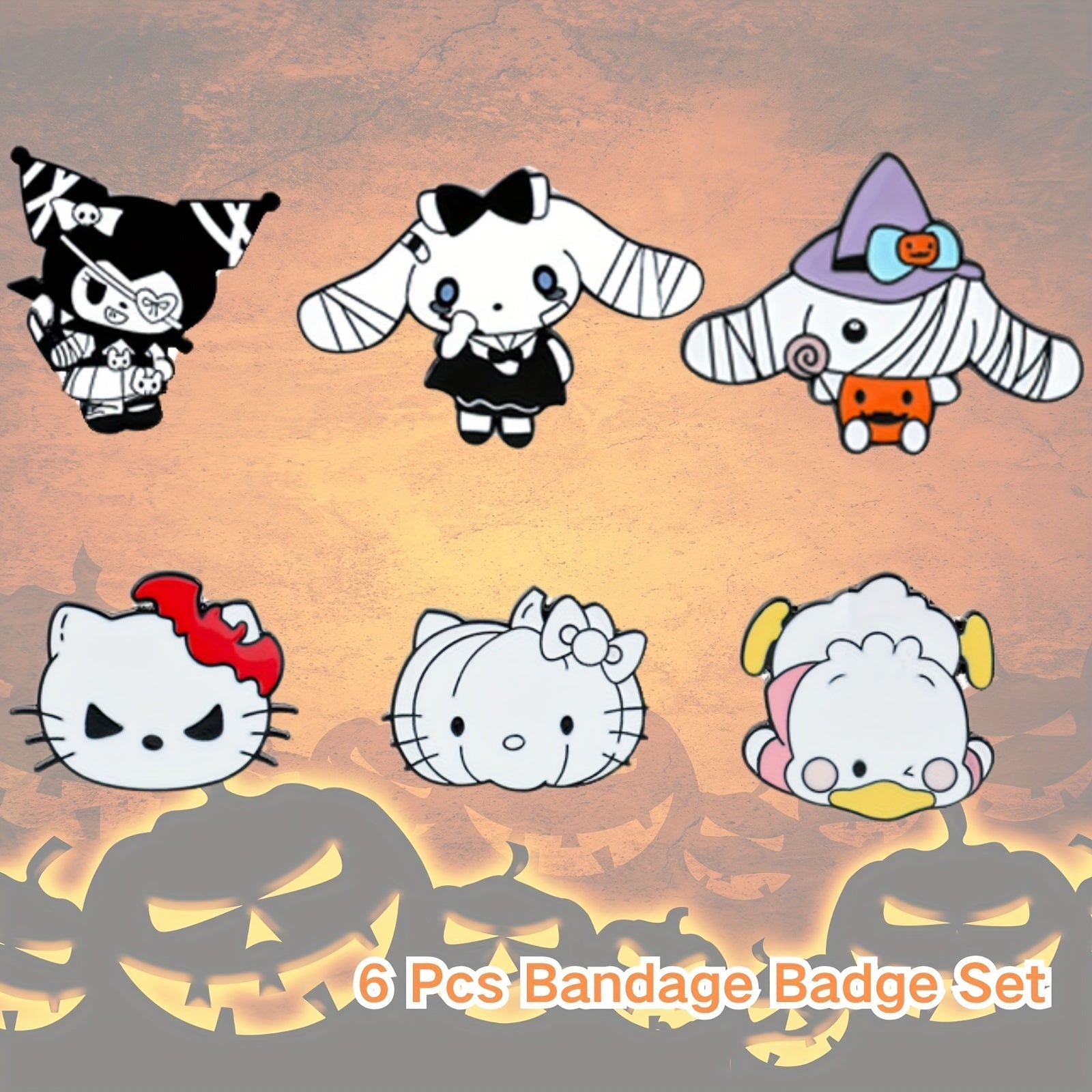 Set of 6 Halloween Enamel Pins with Cartoon Characters Hello Kitty My Melody Kuromi Witch Ghost Nurse Badges for Hats Bags Jackets