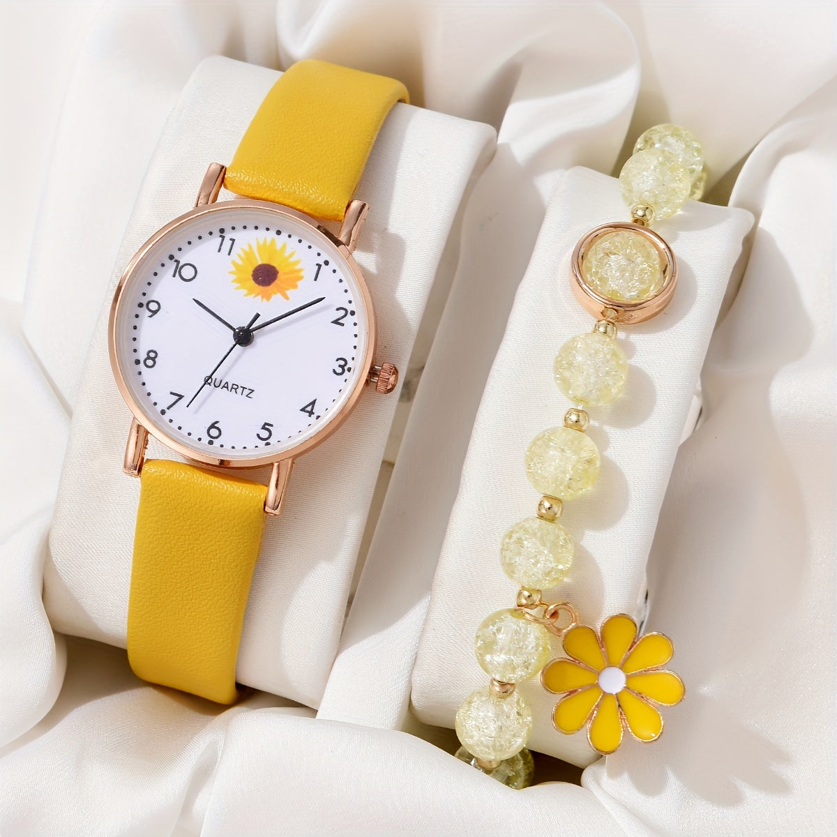 Set of 2 Women's Daisy Flower Design Watches with Leather Straps and Matching Bracelets