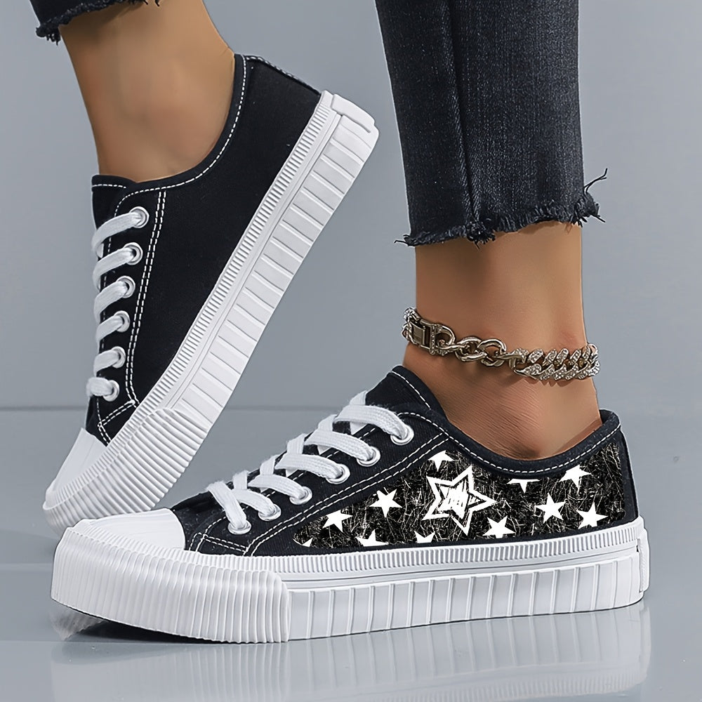Women's Black White Star Print Casual Sneakers Low-Top Lace-Up Skate Shoes