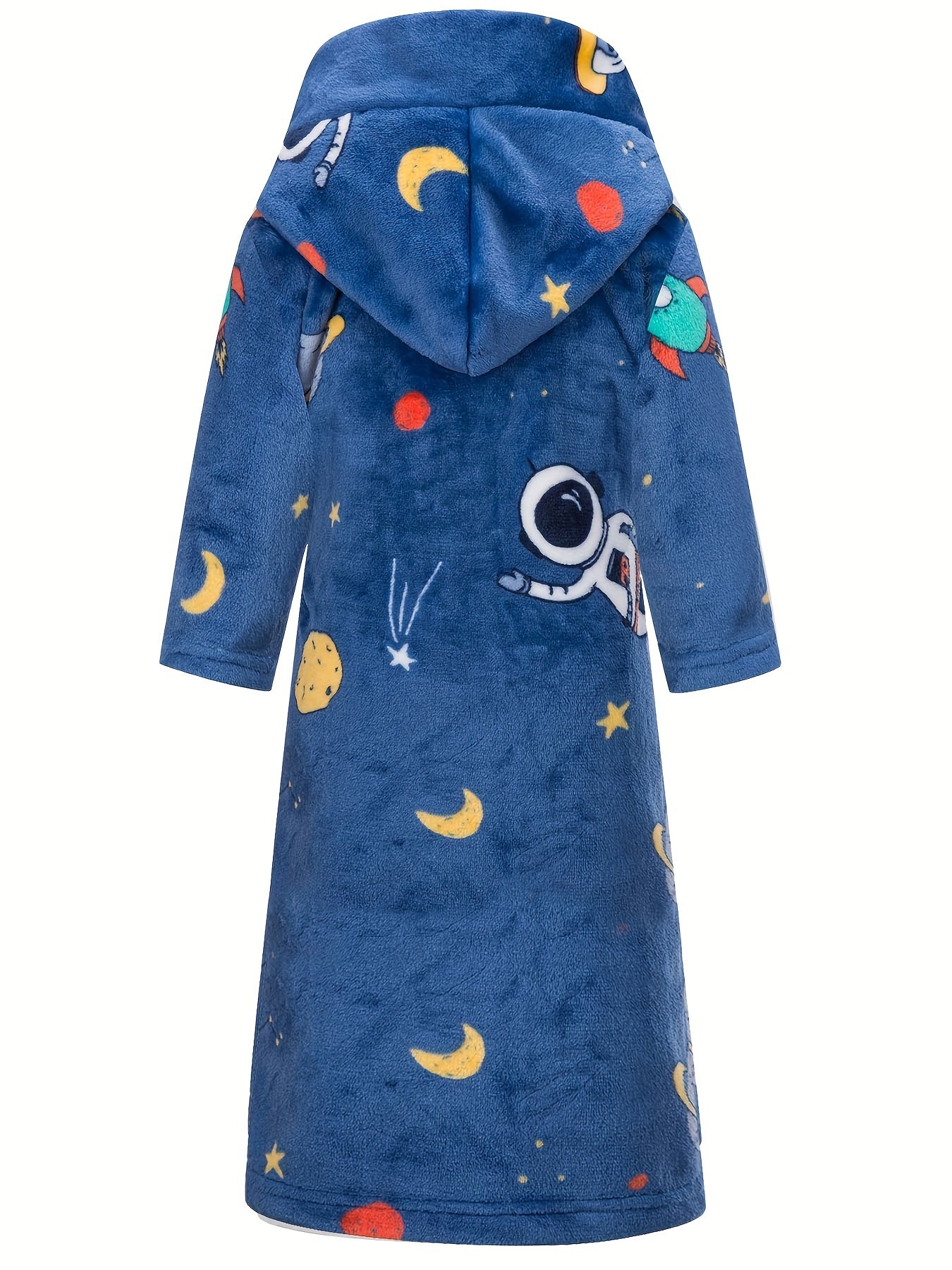 Erkaklar uchun zamonaviy kapüşonli flanel xalat, kosmik naqshli, ipli kapüşonli pijama va koral fliysli dam olish kiyimlari.