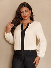 Plus Size Textured Blouse with Contrast Trim Notched Neck Long Lantern Sleeves