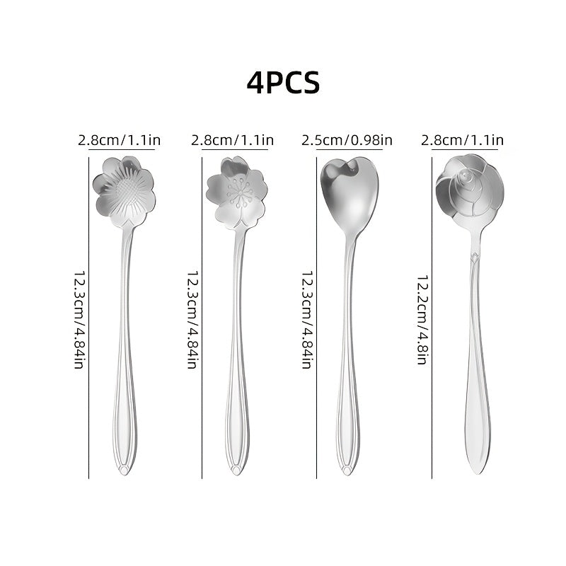 Set of 8 Stainless Steel Coffee Spoons with Flower Pattern for Coffee and Dessert