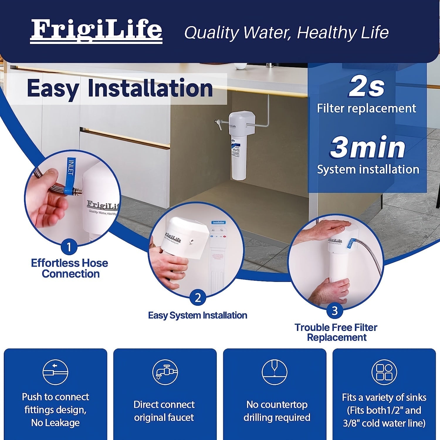 1pack FrigiLife Under Sink Water Filter System — bu toza ichimlik suvi uchun yuqori sig'imli yechim. 22,000 gallongacha filtrlash imkoniyatiga ega bo'lib, bu tizim to'g'ridan-to'g'ri stolingiz ostiga ulanadi va xlor, katta zarrachalar, yomon ta'm va