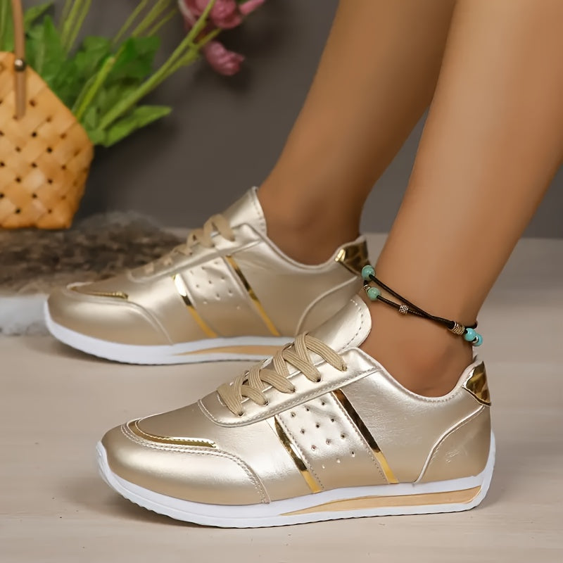 Women's Glitter Stripe Casual Sneakers with Metallic Gold Upper