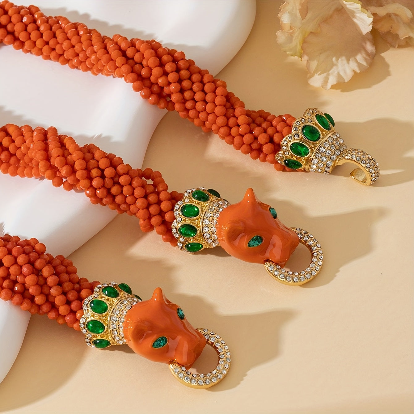 Leopard Print Necklace and Bracelet Set with Glass Beads and Enamel Chain for Women