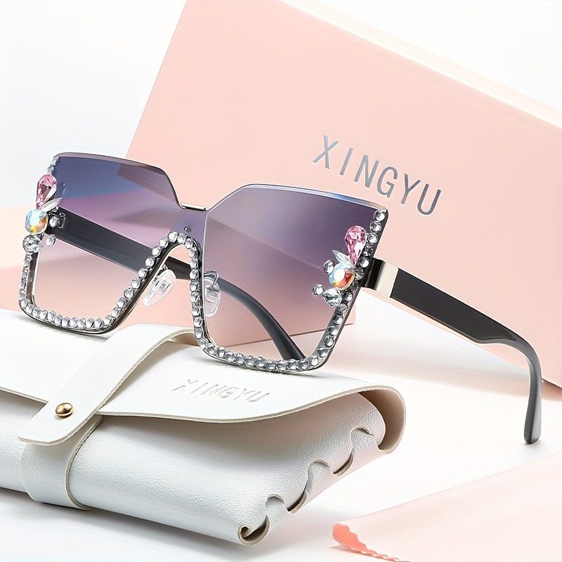 Large Square Rimless Sunglasses with Rhinestones and Gradient Lenses for Women